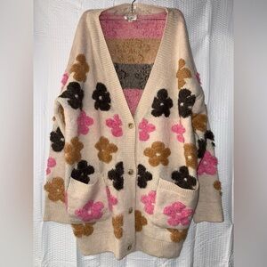 Oversized BiBi Cream Floral Embroidered V Neck Cardigan Sweater Size XL